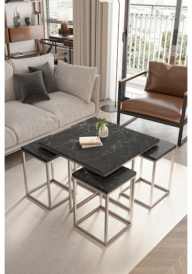 Lizbon 4+1 Kare Sehpa Takımı Gümüş Metal - Siyah Mermer Tabla Gümüş - Siyah Mermer