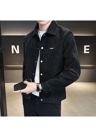 İlkbahar Ve Sonbahar İçin Yeni Üst Düzey Yaka Süet Erkek Ceketi Siyah