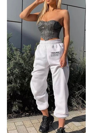 Eşofman Altı - Beyaz Baskılı Lastik Paça Yüksek Bel Lastik Bel Beyaz