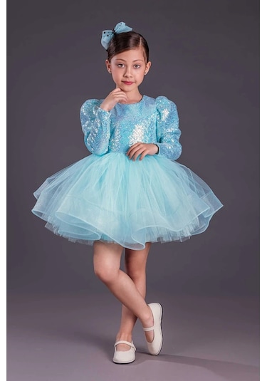 Uzun Kol Balerin Elbise Tütü Etek Pul Payetli Turkuaz