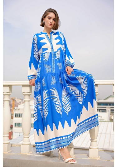 Gabria Ön Düğmeli Desenli Viskon Elbise Saks