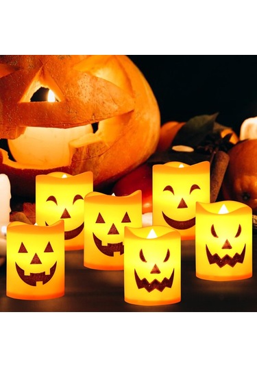 Cadılar Bayramı Led Mumları, Pilli 6 Adet Cadılar Bayramı Balkabağı Mumu, Cadılar Bayramı Partisi, Masa Dekorasyonu Çok Renkli