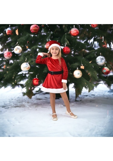 Yeni Sezon Yılbaşı Elbise Kukuleta Kemer 3 Parçalı Takım Noel Elbise Kırmızı Kadife Kırmızı