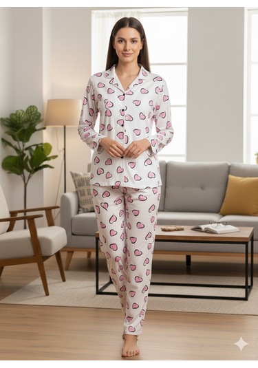 Kadın Düğme Detaylı Pijama Takım Beyaz