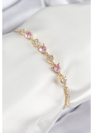 Pirinç Zirkon Taşlı Pembe Kalp Model Gold Renk Kadın Bileklik - Tj-bb7699 Diğer