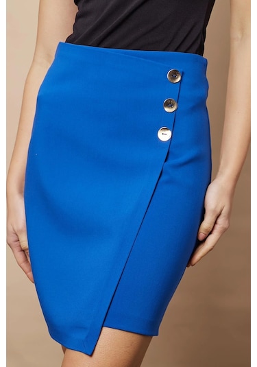 Kadın Arkadan Fermuarlı Düğme Detaylı Hafif Likralı Kumaş Diz Üstü Kalem Etek-saks SAX