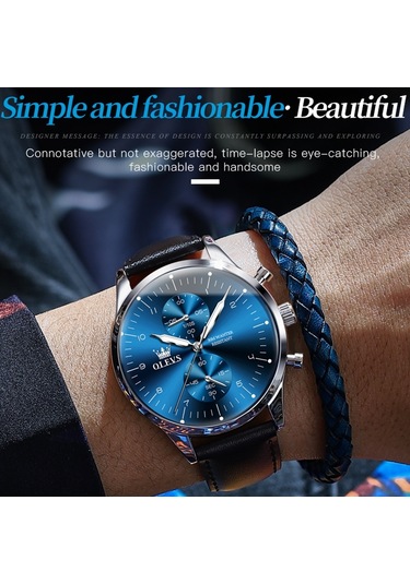 Olevs 2880 Erkekler Çok Fonksiyonlu İş Su Geçirmez Deri Kayış Kuvars İzle Mavi