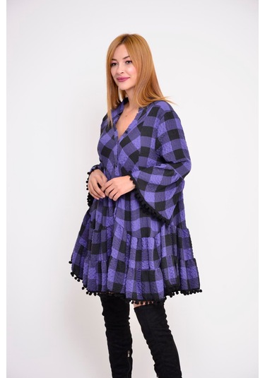 Park Moda Ekose Midi Elbise Mor