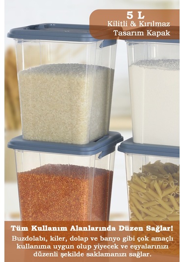 4'lü Organizer Box 5 L Un Bakliyat Erzak Kabı - Kilit Kapaklı Düzenleyici Deterjanlık Saklama Kutusu Mavi
