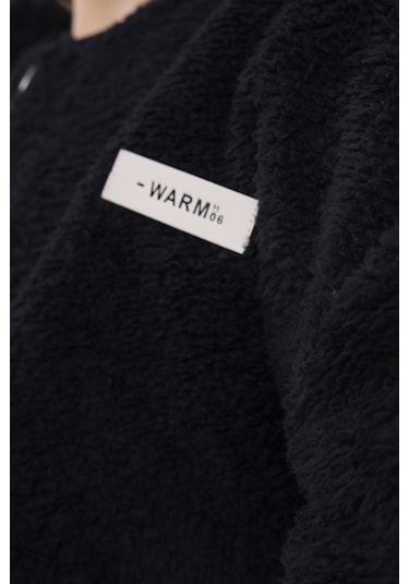 Toontoy Kız Çocuk Kolej Yaka Fermuarlı Düşük Omuz Baskılı Peluş Hırka - Beli Ayarlanabilir Lastikli Siyah