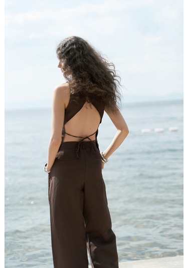 Nagmetah Sırt Pencereli Yelek Pantolon Takım - Kahve Kahve