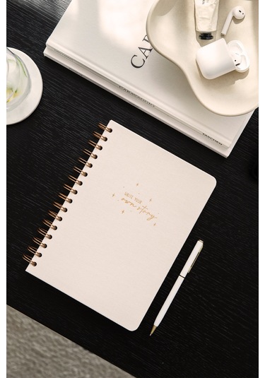A5 Spiralli Sert Kapak Keten Kareli Tarihsiz Not Defteri Krem Krem