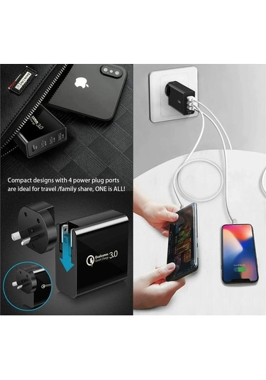 Novahub 48w 4 Portlu Hızlı Şarj Cihazı, Usb-c Pd 30w, Evrensel, Seyahat Dostu, Siyah, 100-240v Adaptör