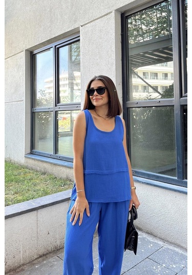 Saks İthal Müslin Kumaş, Basic, Katlı, Salaş Askılı Bluz & Atlet Saks