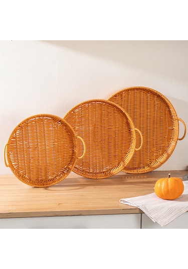Porsima 710-d Yuvarlak 3'lü Hasır Tepsi Dekoratif Sunum Tepsisi