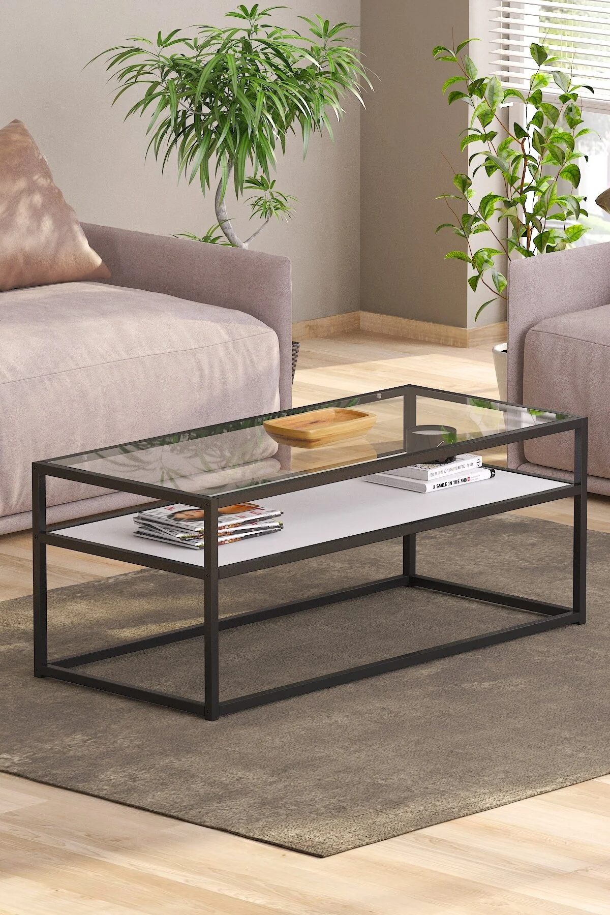 Modern Metal Iskeletli Temper Camlı 2 Katlı Dikdörtgen Orta Sehpa Beyaz-siyah-şeffaf Modern Metal Iskeletli Temper Camlı 2 Katlı Dikdörtgen Orta Sehpa Beyaz-siyah-şeffaf