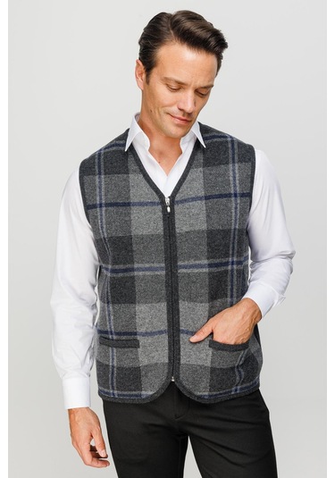 Erkek V Yaka Önü Kareli Yelek K.füme K.füme