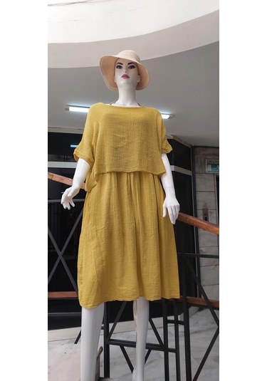 İtalyan Müslin Keteni Üstü File Bluzlu Astarlı Tek Parça Elbise Hardal Sarısı Hardal