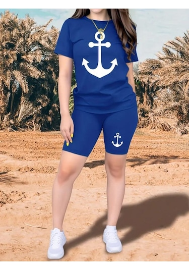 Gülsüm Aydın Kadın Kısa Kollu Çapa Baskılı Viskon Ikili Takım Saks Mavi