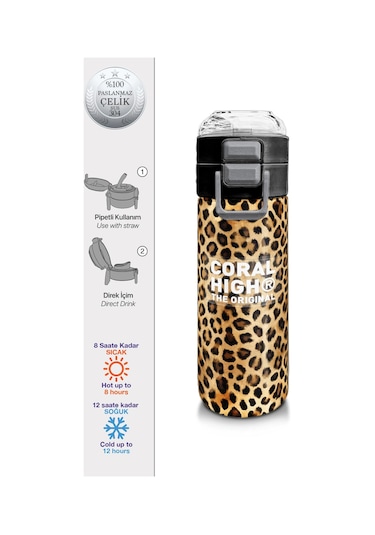 Coral High Kids Kahverengi Leopar Desenli Pipetli Ve Direkt İçim Çelik Termos 500 Ml 31881 Kahverengi