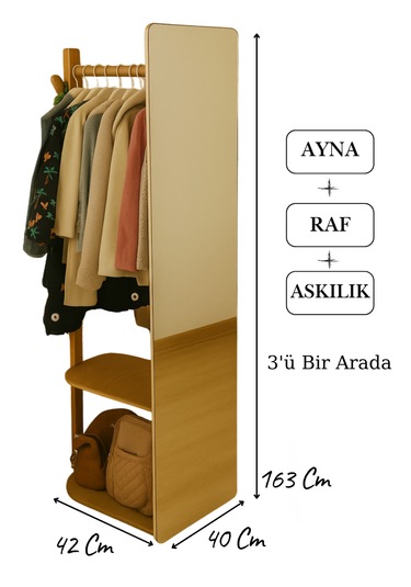 Ayna + Askılık + Raf 3 Ü Bir Arada Fonksiyonel Tasarım Kayın Kontrplak Kalitesi Ahşap