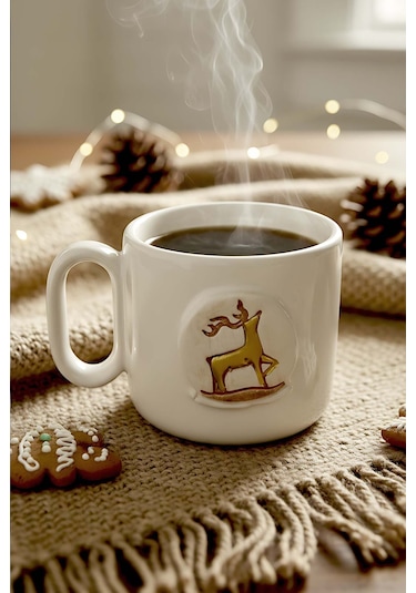 Rivaistanbul Geyik Amore 24 K Altın Süslemeli El Yapımı Yılbaşı Hediyesi Seramik Double Kahve Fincanı, Mug, Kupa Beyaz