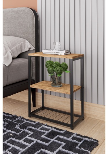 Metal Ayaklı Ve Ahşap Raflı Dekoratif Komodin Atlantik Çam Atlantik Çam