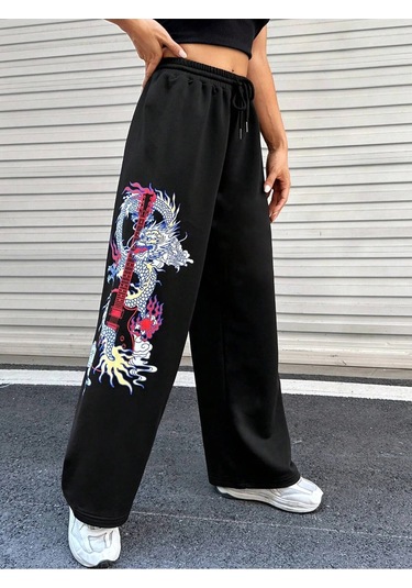 Coolane Dragon & Guitar Print Drawstring Waist 4 Mevsim Eşofman Siyah