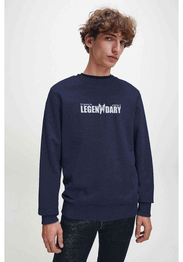 Legen Dary Baskılı Indigo Mavi Lacivert Erkek Örme Sweatshirt