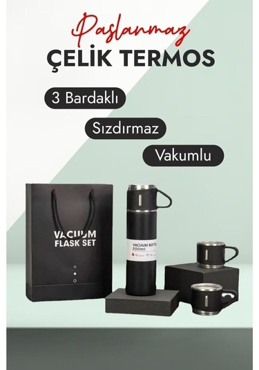 Paslanmaz Çelik Termos Siyah Renk 3 Bardaklı Termos Seti Vakumlu Termos Set Çanta Hediyeli Siyah