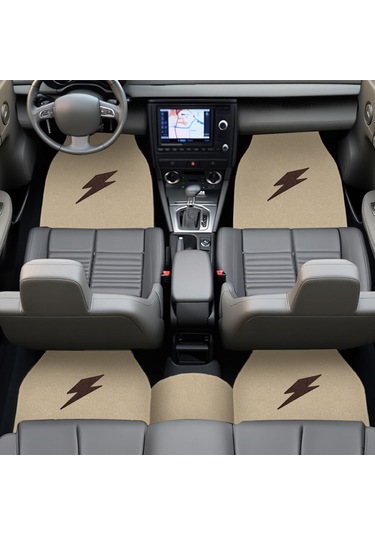 Kahverengi Şimşek Nakış Desenli 5'li Oto Halı Paspas Seti Ön Arka Uyumlu Araç Oto Halı Paspas