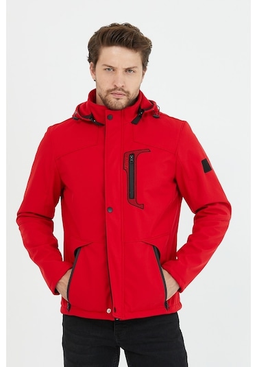 Mero Life Içi Kürklü Kapüşonlu Su Ve Rüzgar Geçirmez Softshell Erkek Mont Kırmızı