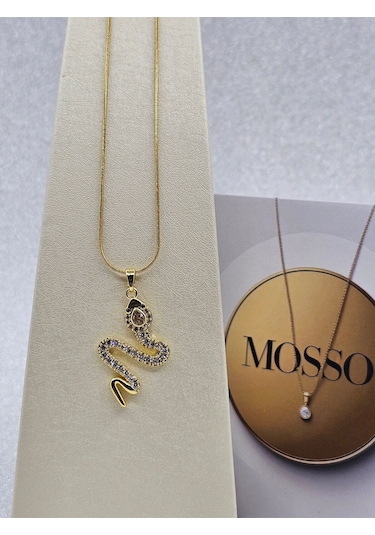 Yılan Model Gold Renk Zirkon Taşlı Çelik Kolye Altın