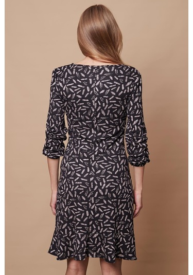 Kadın Hafif Likralı Yumuşak Dokulu Kumaş V Yaka Önü Düğümlü Eteği Volanlı Uzun Kol Diz Boy Elbise-siyah Bej Konfeti Konfeti