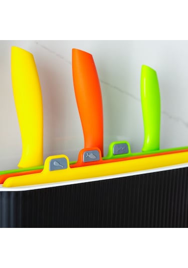 Porsima 1075 3 Bıçaklı Standlı Çoklu Kesme Tahtası Seti Siyah - Beyaz