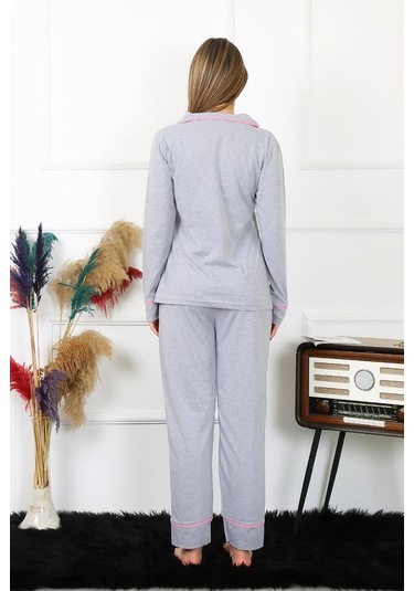 Akbeniz Kadın Pamuk Penye Önden Düğmeli Uzun Kol Gri Pijama Takım 2782-gri Gri