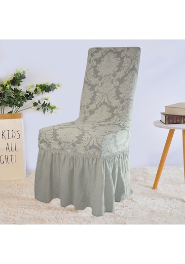 Şal Desen Jakarlı Etekli Sandalye Örtüsü, Kılıfı 6 Adet Taş Gri Taş Gri