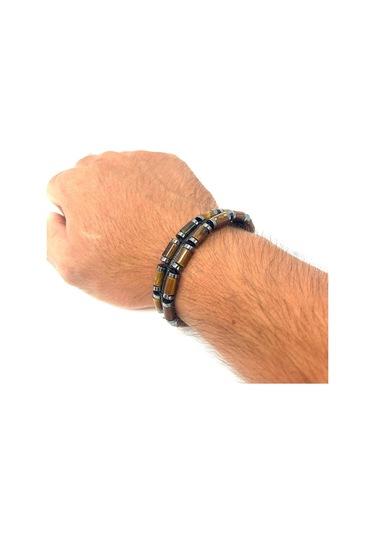 Sertifikalı Kaplan Gözü Ve Hematit Makrome Doğal Taş Deri Erkek Bileklik Kahverengi