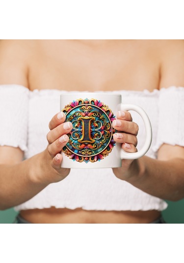 I Harfi Boho Bardak, Renkli Özel Tasarım Hediyelik Harfli Kupa, 330ml Porselen Beyaz