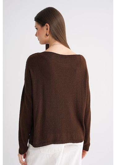 6933 Kadın Kayık Yaka İnce Mevsimlik Triko Kazak Kahve Kahve