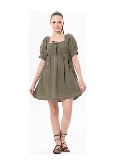 Kısa Kol Lara Kare Yaka Bağlama Detaylı Yazlık Müslin Elbise Haki Hk-haki Haki