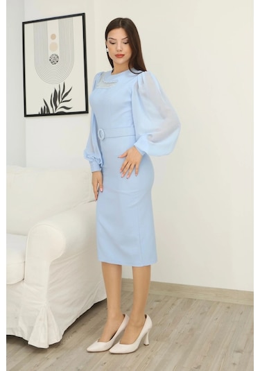 Lodmela Tül Ve İşleme Detaylı Midi Elbise 2285-bebe Mavisi Bebe Mavisi