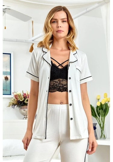 Cossybyaqua 23667 Ekru Önden Düğmeli Pijama Tk