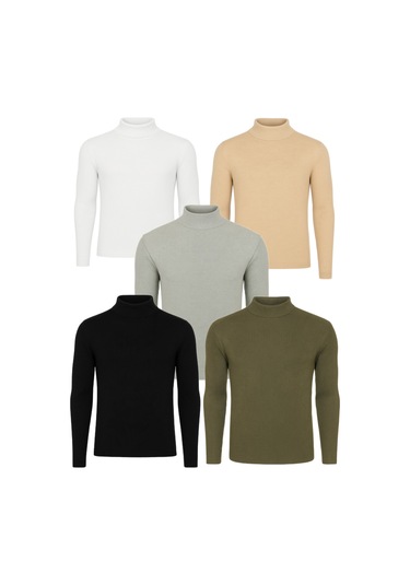 5'li Paket Yarım Boğazlı Erkek Kazak Beyaz - Haki