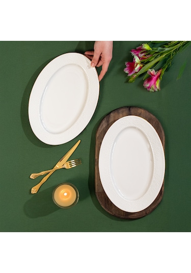 Porsima 4455 Burçak Porselen Altın Fileli Kayık Tabak Seti - Oval Kahvaltılık Sunumluk Seti 30cm Beyaz