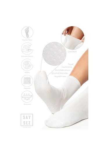 Bambu Kaydırmaz Taban Silikon Baskı Hac Umre Tavaf Hamile Diyabet Pilates Yoga Lastiksiz Çorap 3'lü Renkli