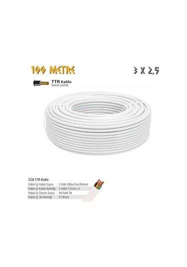 Sgs Elektrik Tesisat Kablosu - 3x2.5 Cca Ttr 48x0.18 - Beyaz - 100 Mt.