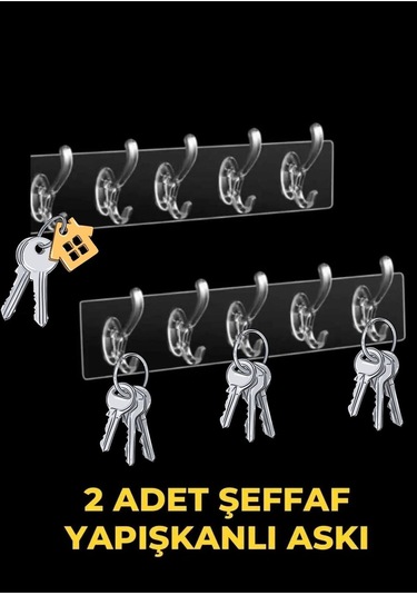 Şeffaf Askı, Yapışkanlı Askı, Mutfak Askısı, Banyo Askısı,2 Adet Yapışkanlı Anahtar Askısı Şeffaf