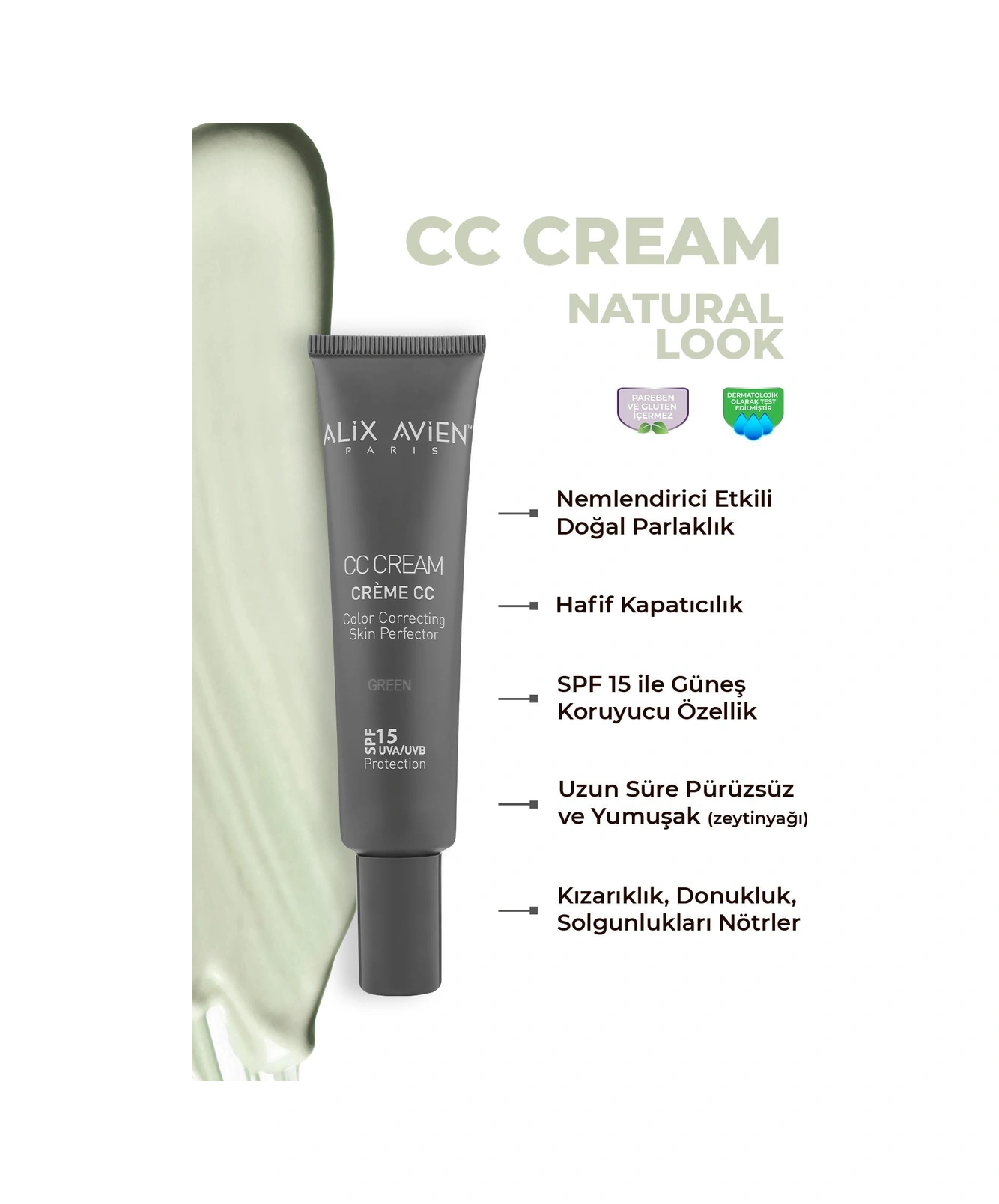 Alix Avien Renk Düzenleyici Yeşil CC Cream Green SPf 15 Uvb/uva 40 ML