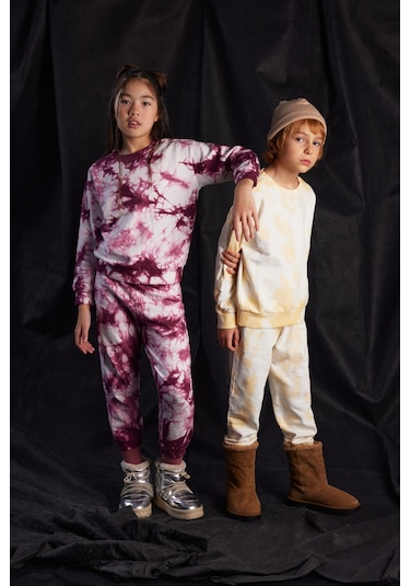 Luess Unisex Çocuk Batik Desenli 3 İplik Şardonsuz Eşofman Takımı-Sarı